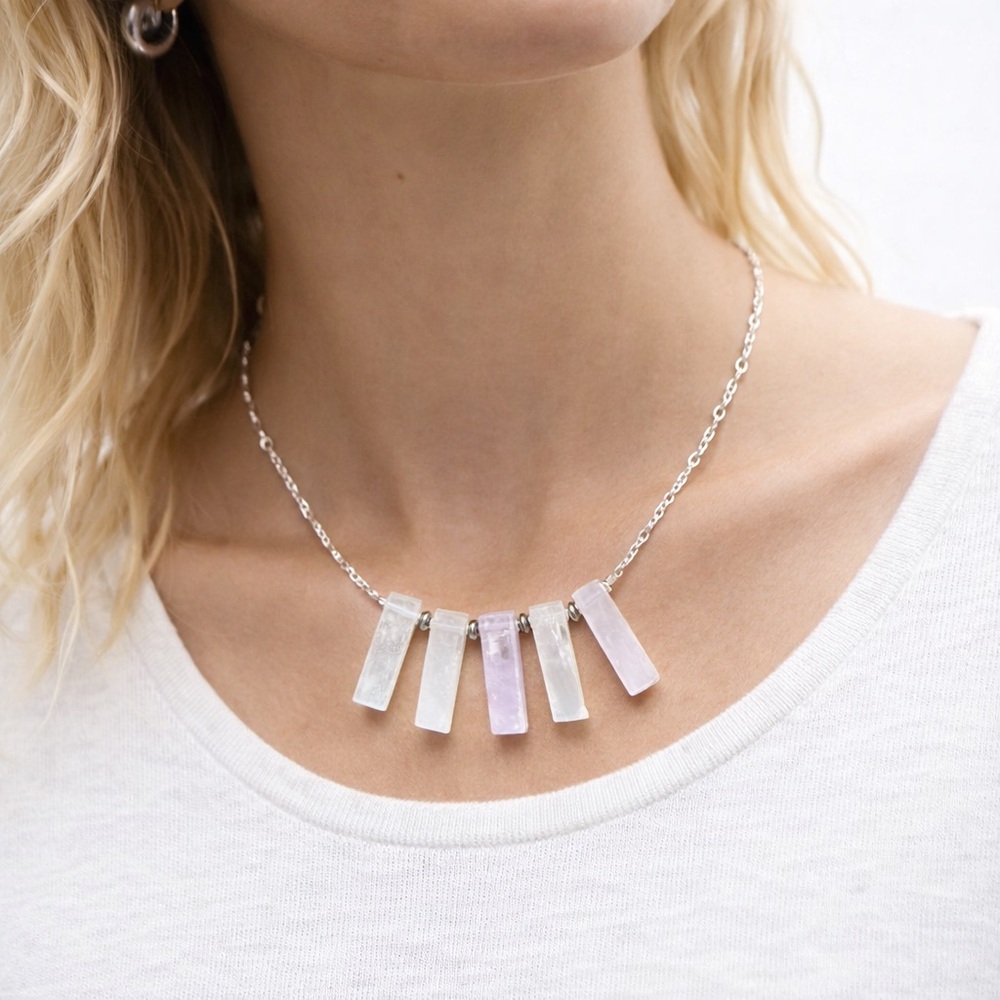 STERLING SILVER ROSE QUARTZ SOLID BLOCK CLOUDS NECKLACE